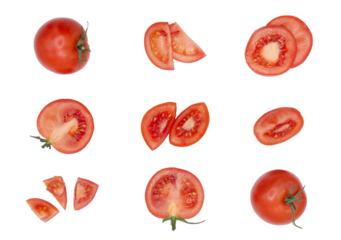 Composition of whole tomatoes and tomatoes slices isolated on a cutout PNG transparent background