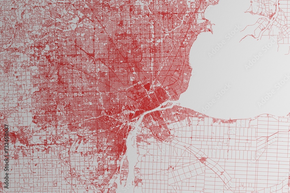 Wall mural map of the streets of detroit (michigan, usa) made with red lines on white paper. 3d render, illustr - Wall murals