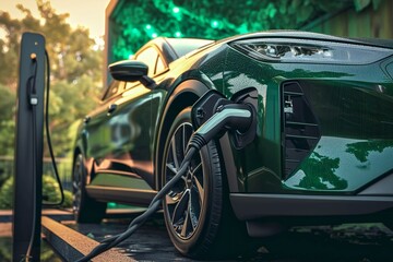 green EV electric car been changed - obrazy, fototapety, plakaty