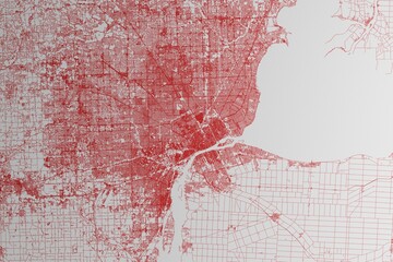 Map of the streets of Detroit (Michigan, USA) made with red lines on white paper. 3d render, illustration