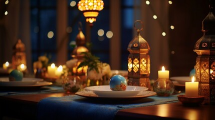 Capture the warm ambiance created by the glowing candles and soft lighting around the Ramadan Iftar Table.