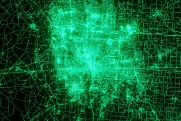 Map of the streets of Columbus (Ohio, USA) made with green illumination and glow effect. Top view on roads network. 3d render, illustration - obrazy, fototapety, plakaty