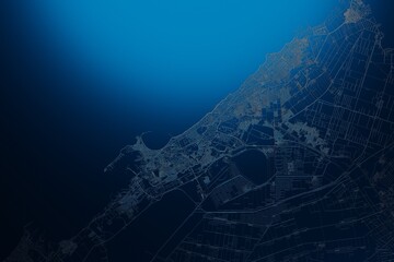 Street map of Alexandria (Egypt) engraved on blue metal background. View with light coming from top. 3d render, illustration