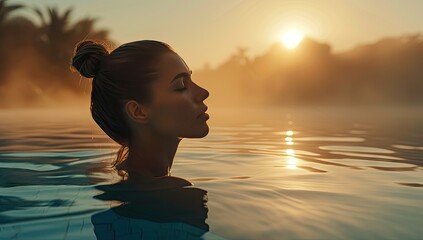 Fototapeta premium Serene moment captured young woman leisurely swims in luxurious resort pool embodying essence of relaxing spa vacation reflects bliss of summertime travel with female tourist enjoying tranquility