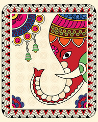 Elephant Elegance - Traditional Madhubani Painting Art. Traditional Indian Folk Art Elephant Design, Colorful Madhubani Elephant Painting, Vibrant Elephant Artwork in Madhubani Style.
