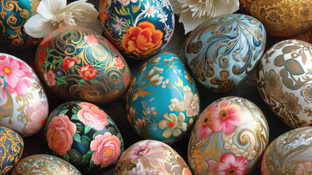 Beautifully painted colorful Easter eggs with a pattern of gold painted flowers. Easter background.