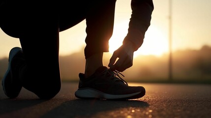 AI generated illustration of a man lacing up his athletic shoes as he prepares for a jog - obrazy, fototapety, plakaty