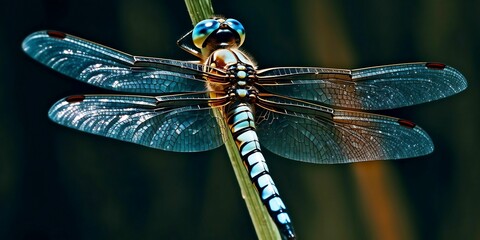 AI-generated illustration of a vibrant blue dragonfly perched atop a green stem.
