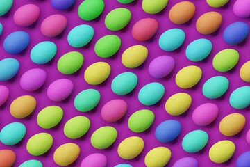 Many colorful eggs on purple background. Top flat view, disorder. 3d render, illustration