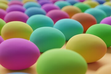Many colorful eggs on sandy brown background. Closeup view, macro shot, selective focusmacro shot. 3d render, illustration