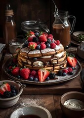 AI generated illustration of a stack of pancakes and berries sitting on a wooden table
