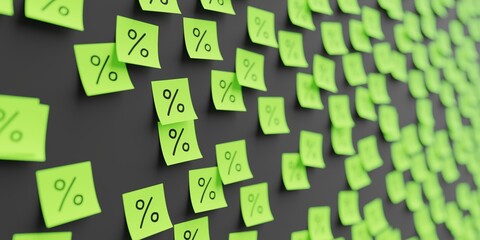 Many green stickers on black board background with percent symbol drawn on them. Closeup view with narrow depth of field and selective focus. 3d render, Illustration