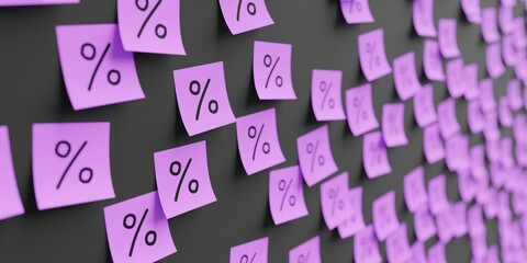 Many violet stickers on black board background with percent symbol drawn on them. Closeup view with narrow depth of field and selective focus. 3d render, Illustration