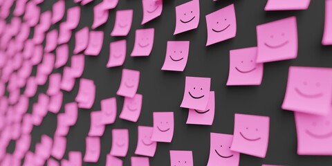 Many pink stickers on black board background with happy smile symbol drawn on them. Closeup view with narrow depth of field and selective focus. 3d render, Illustration