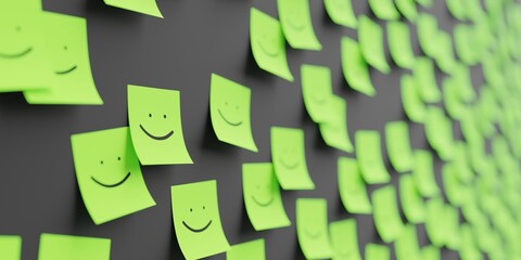 Many green stickers on black board background with happy smile symbol drawn on them. Closeup view with narrow depth of field and selective focus. 3d render, Illustration