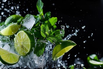 Mojito cocktail with liquid splashes, refreshing mint leaves.