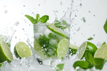 Mojito cocktail with liquid splashes, refreshing mint leaves.