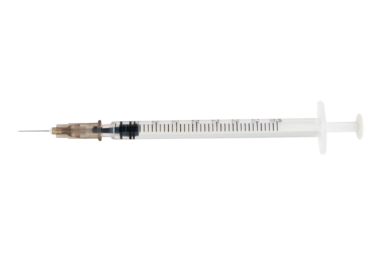 Insulin syringe with needle on empty background