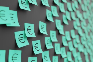 Many teal stickers on black board background with symbol of  euro drawn on them. Closeup view with...