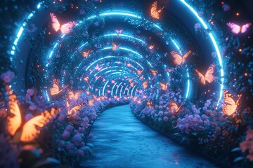 Butterfly Boulevard: A Blue-lit Pathway to Paradise Generative AI - obrazy, fototapety, plakaty