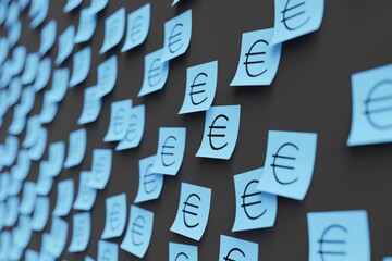 Many blue stickers on black board background with symbol of  euro drawn on them. Closeup view with narrow depth of field and selective focus. 3d render, illustration