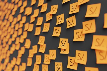 Many orange stickers on black board background with symbol of Peru sol drawn on them. Closeup view with narrow depth of field and selective focus. 3d render, illustration - obrazy, fototapety, plakaty