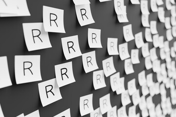 Many white stickers on black board background with symbol of South Africa rand drawn on them. Closeup view with narrow depth of field and selective focus. 3d render, illustration