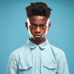 Fototapeta premium Portrait of an angry teenage African boy with brown hair. Closeup face of a furious African American young adult on a blue background looking at camera. Front view of a outraged teenager in blue shirt