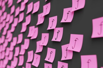 Many pink stickers on black board background with symbol of Aruba guilder drawn on them. Closeup view with narrow depth of field and selective focus. 3d render, illustration
