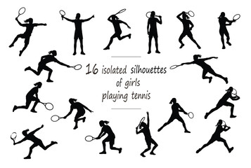 16 girl silhouettes of women's tennis player with ball in shirt in motion: standing, running, rushing, jumping, serving, receiving