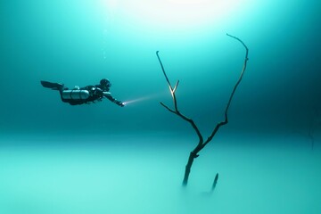 Scuba diver wearing a full-face mask and fins is exploring a driftwood structure underwater - obrazy, fototapety, plakaty