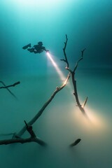 Scuba diver wearing a full-face mask and fins is exploring a driftwood structure underwater