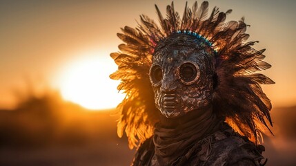 AI generated illustration of a tribal person wearing a skeleton mask against a bright sunset