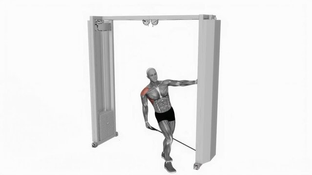 Animation of a muscle man exercising cable leaning lateral raise fitness workout