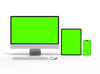3D Render of smartphone tablet desktop with green screens on a transparent background