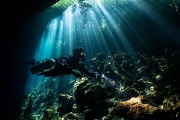 Scuba diver wearing a wetsuit and oxygen tank swimming underwater