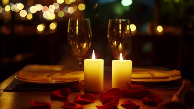 Romantic dinner with candlelight and wine on Valentine's Day