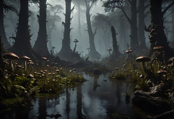 Gloomy swamp with mushrooms