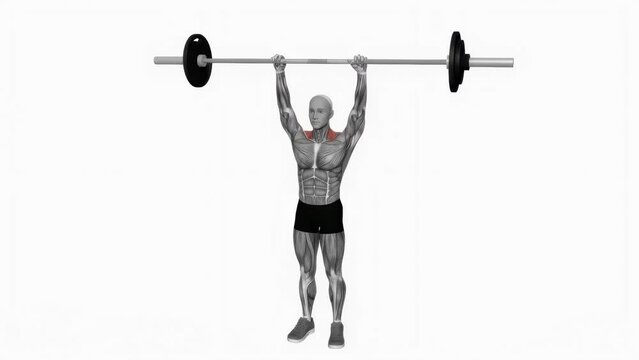 3D-rendered animation of a sportsman training trapezius muscles with a barbell