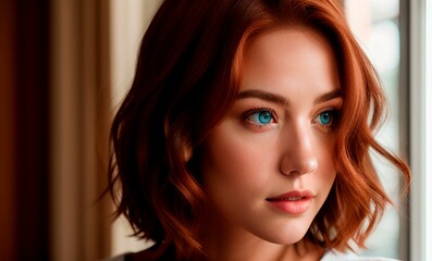 AI generated illustration of a young female with auburn hair and blue eyes in front of a window - obrazy, fototapety, plakaty