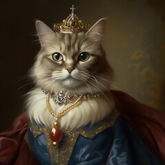 AI generated illustration of a white-furred cat wearing a luxurious crown and expensive attire