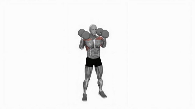3D-rendered animation of a sportsman training serratus anterior and trapezius muscles with dumbbells