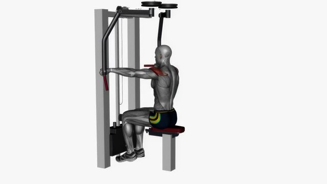 3D-rendered animation of a sportsman training shoulder muscles with a lat pulldown machine