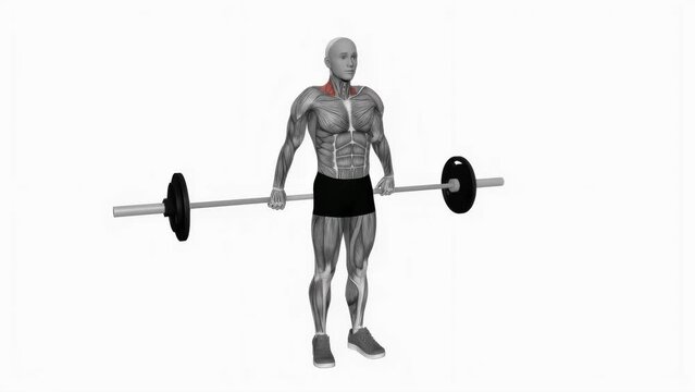 3D-rendered animation of a sportsman training trapezius muscles with a barbell