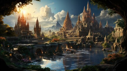 AI generated fantasy cityscape with trees, plants, and water