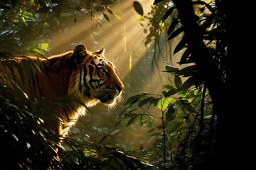 AI generated illustration of a tiger in a wooded area, its gaze fixated on something in the distance