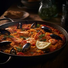 Large pan of seafood and rice served on a wooden table, AI-generated