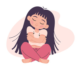 Sitting girl hugging herself, with eyes closed, mentally calm, illustration isolated on white