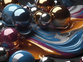 Abstract and shimmering compositions with a fluid fusion of metallic colors and reflective spheres