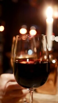 View Of Red and white wine on candlelit table, woman taking wine glass With Lovely Bokeh in bistro In Paris, vertical shot